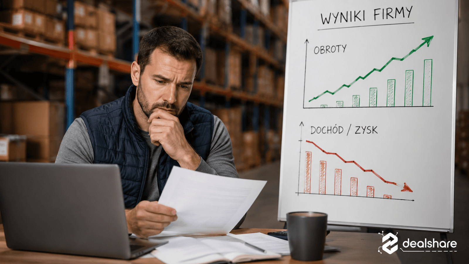 Duży wykres obrotu i mały wykres dochodu firmy